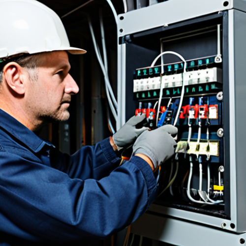Home 28 An experienced male electrical technician in a professional work uniform, wearing a hard hat and safety gloves, focused on inspecting an older, robust fuse box with exposed wiring in a dimly lit industrial basement. The environment shows signs of manual operation and traditional electrical infrastructure, with heavy-duty cables and mechanical switches. The technician is performing a hands-on, detailed examination, emphasizing the 'after-the-fact' maintenance approach. The image is captured with professional photography, showcasing a realistic and grounded atmosphere. fully clothed, modest clothing, appropriate attire, professional dress, perfect anatomy, correct proportions, natural pose, well-formed hands, proper finger count, natural body proportions, high quality, safe for work, appropriate content, family-friendly.