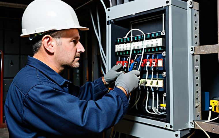 An experienced male electrical technician in a professional work uniform, wearing a hard hat and safety gloves, focused on inspecting an older, robust fuse box with exposed wiring in a dimly lit industrial basement. The environment shows signs of manual operation and traditional electrical infrastructure, with heavy-duty cables and mechanical switches. The technician is performing a hands-on, detailed examination, emphasizing the 'after-the-fact' maintenance approach. The image is captured with professional photography, showcasing a realistic and grounded atmosphere. fully clothed, modest clothing, appropriate attire, professional dress, perfect anatomy, correct proportions, natural pose, well-formed hands, proper finger count, natural body proportions, high quality, safe for work, appropriate content, family-friendly.