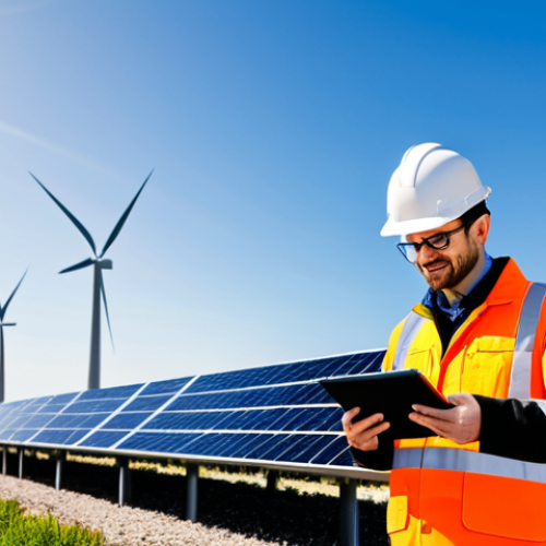 Home 27 **
"A professional electrical engineer, fully clothed in appropriate attire, inspecting a solar panel array in a large solar power plant. The engineer is holding a tablet and analyzing data. Background shows rows of solar panels under a bright sky. Focus on safety and precision. safe for work, appropriate content, perfect anatomy, natural proportions, professional photography, high quality, family-friendly."
**