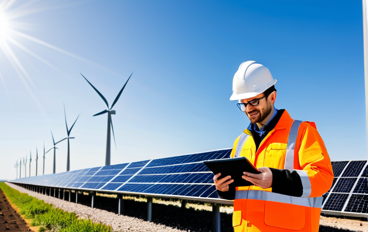 **
"A professional electrical engineer, fully clothed in appropriate attire, inspecting a solar panel array in a large solar power plant. The engineer is holding a tablet and analyzing data. Background shows rows of solar panels under a bright sky. Focus on safety and precision. safe for work, appropriate content, perfect anatomy, natural proportions, professional photography, high quality, family-friendly."
**