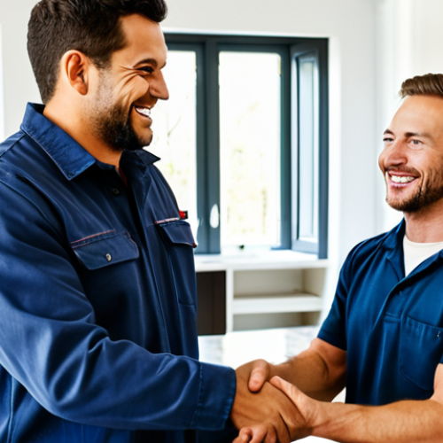 Home 25 **
"A professional electrician in appropriate work attire, smiling and shaking hands with a client in a well-lit living room. The electrician is holding a toolbox. The scene conveys trust and a positive first impression. Safe for work, fully clothed, appropriate content, professional, perfect anatomy, correct proportions, well-formed hands, proper finger count, natural pose, high quality."
**