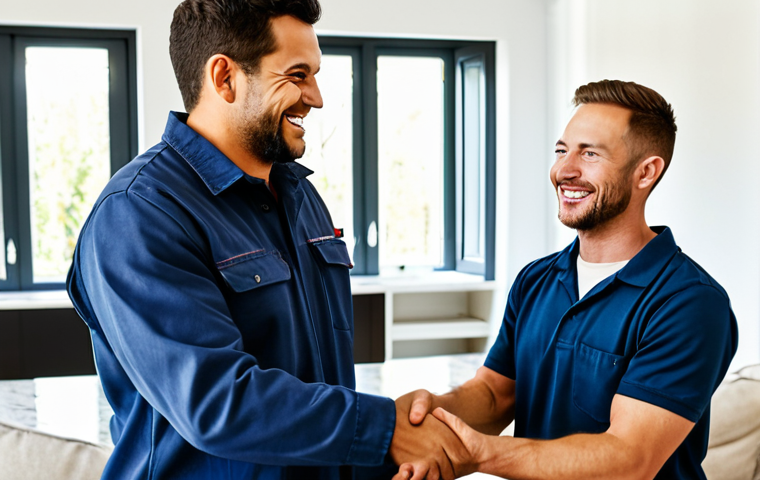 **
"A professional electrician in appropriate work attire, smiling and shaking hands with a client in a well-lit living room. The electrician is holding a toolbox. The scene conveys trust and a positive first impression. Safe for work, fully clothed, appropriate content, professional, perfect anatomy, correct proportions, well-formed hands, proper finger count, natural pose, high quality."
**