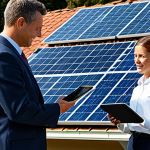 Solar Panel Installation Consultation**

"A professional electrical engineer in a fully clothed business attire, consulting with a homeowner in front of a house with solar panels on the roof, explaining the system design with a tablet, appropriate content, safe for work, professional setting, perfect anatomy, natural proportions, well-formed hands, family-friendly"

**