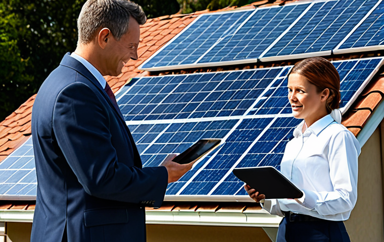 Solar Panel Installation Consultation**
"A professional electrical engineer in a fully clothed business attire, consulting with a homeowner in front of a house with solar panels on the roof, explaining the system design with a tablet, appropriate content, safe for work, professional setting, perfect anatomy, natural proportions, well-formed hands, family-friendly"
**