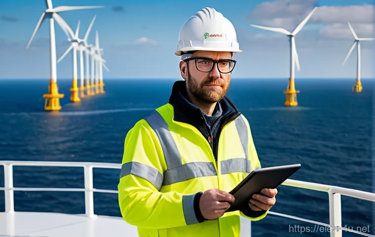전기기사와 프로젝트 리스크 관리 - **Image Prompt 1: The Offshore Wind Project Solver**
A highly competent and determined male elec...